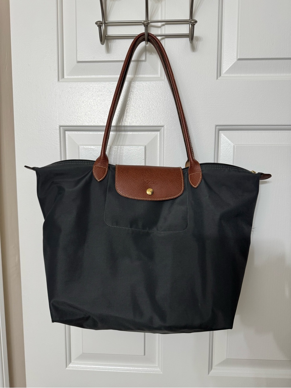 Longchamp Le Pliage Large Gray Tote with Brown Leather Trim